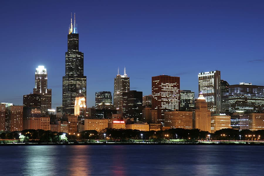 Chicago Skyline at night depicting climate funding